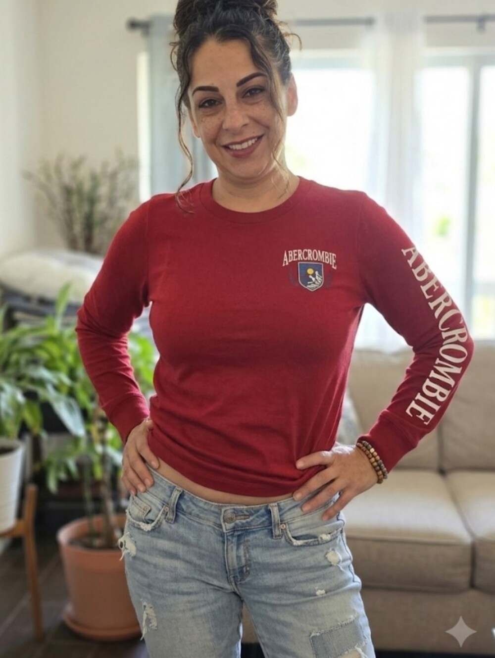 Y2K Vintage Aesthetic Abercrombie Red Long Sleeve Graphic Top XS S